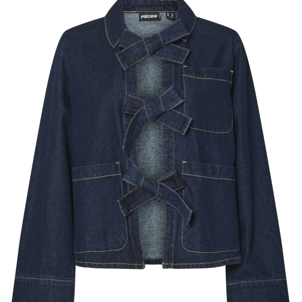 PIECES dame skjorte PCOFELIA - Medium Blue Denim Black satin bow Online