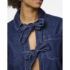 PIECES dame skjorte PCOFELIA - Medium Blue Denim Black satin bow Online