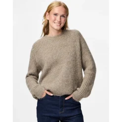 PIECES Dame Striktrøje PCCleo - Greige Melange Clearance