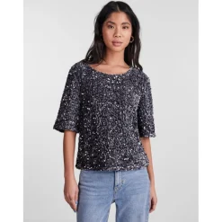 PIECES dame top PCKAM - Magnet Black silver sequins Best