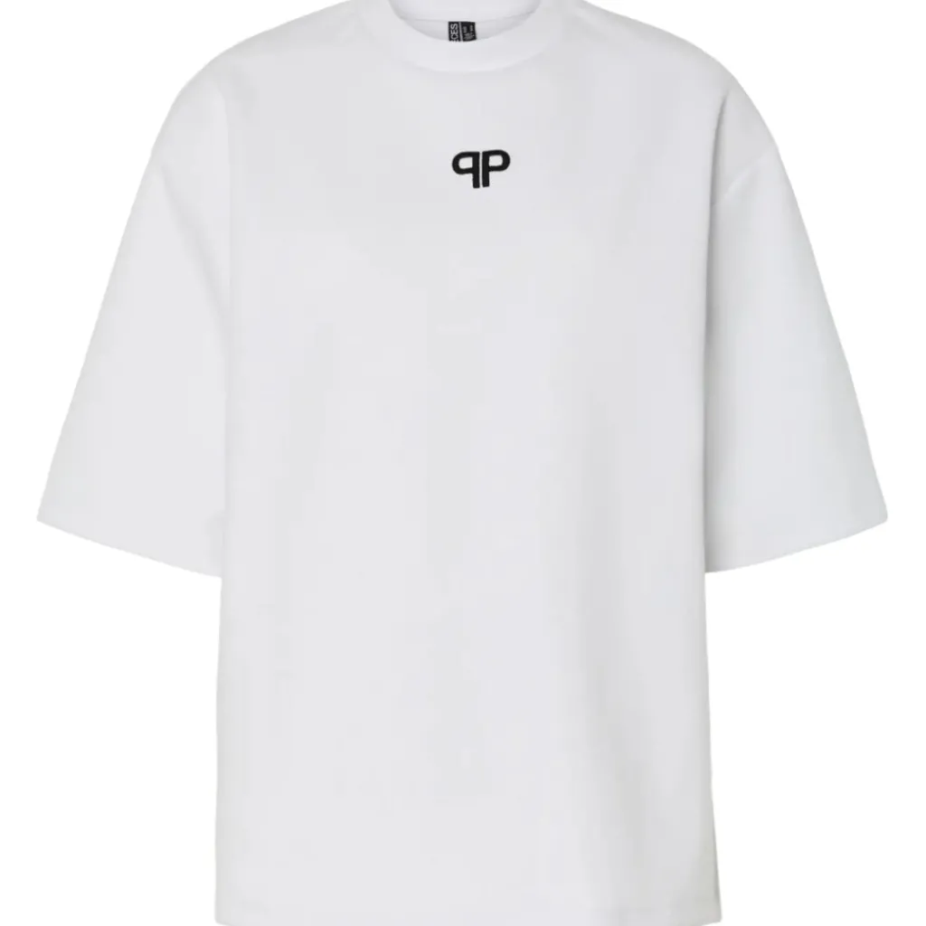 PIECES DAME T-SHIRT PCMUNA - Bright White Black Embroidery