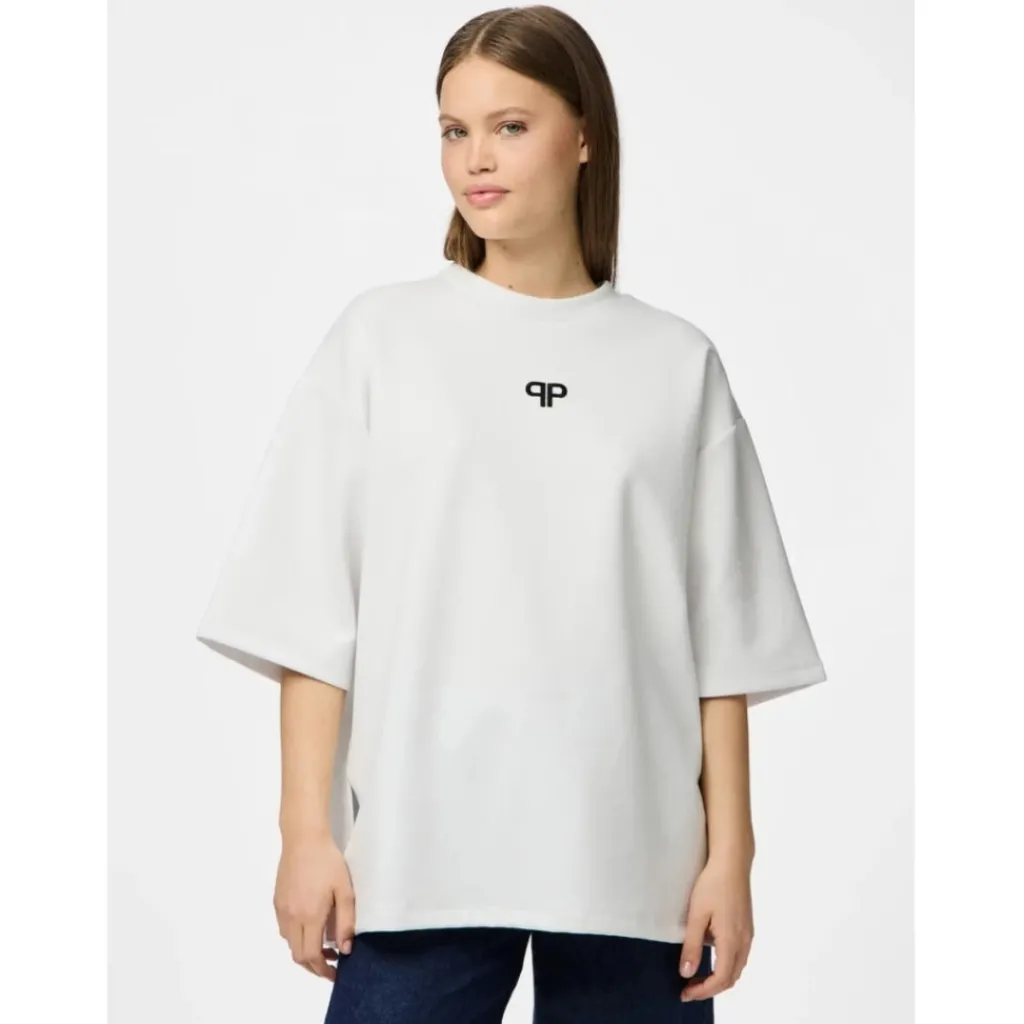 PIECES DAME T-SHIRT PCMUNA - Bright White Black Embroidery