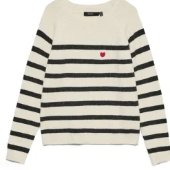 Vero Moda Dame Pullover VMDoffy - Birch Black Stripes and Ribbon Red Harts