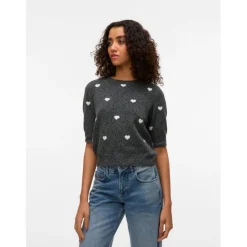 Vero Moda DAME STRIKTRØJE VMDOFFE - Dark Grey Melange White Hearts Sale