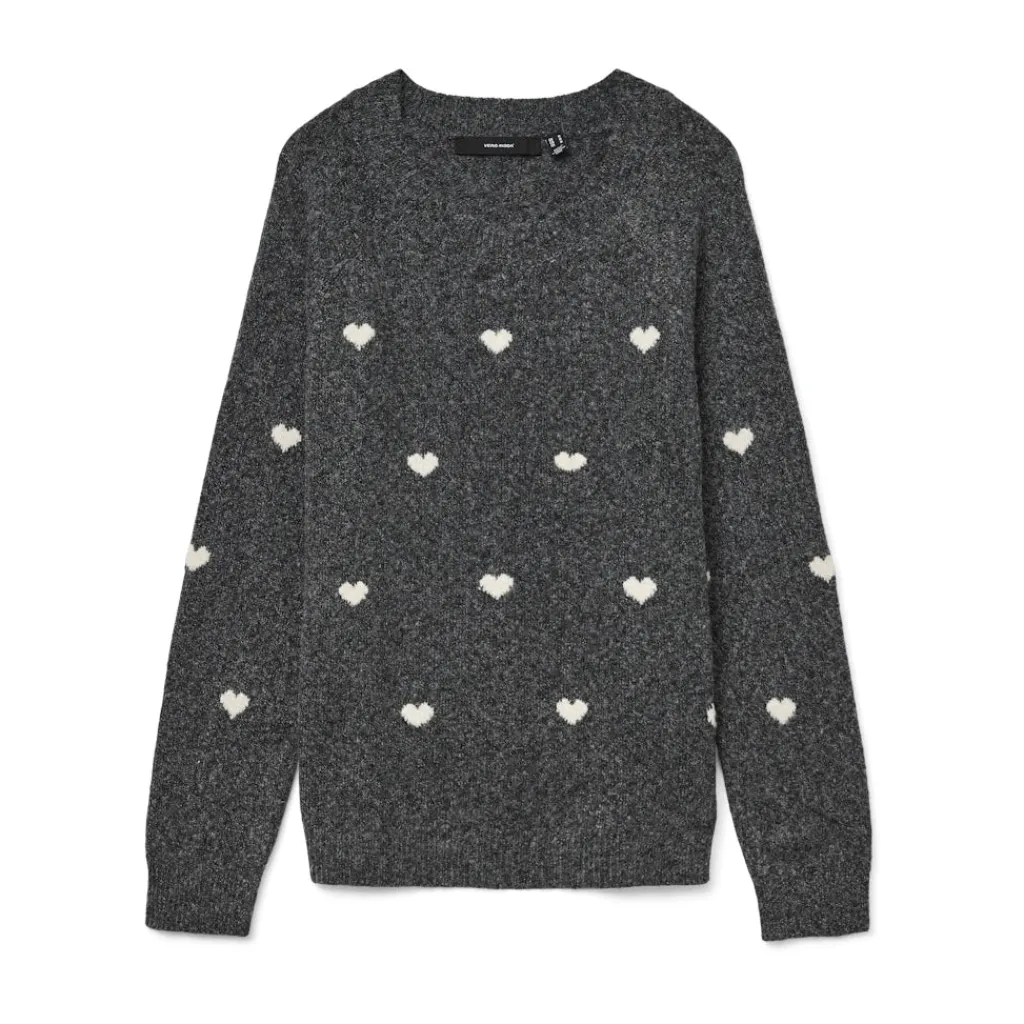 Vero Moda DAME STRIKTRØJE VMDOFFY - Dark Grey Melange White Hearts Hot