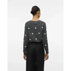 Vero Moda DAME STRIKTRØJE VMDOFFY - Dark Grey Melange White Hearts Hot