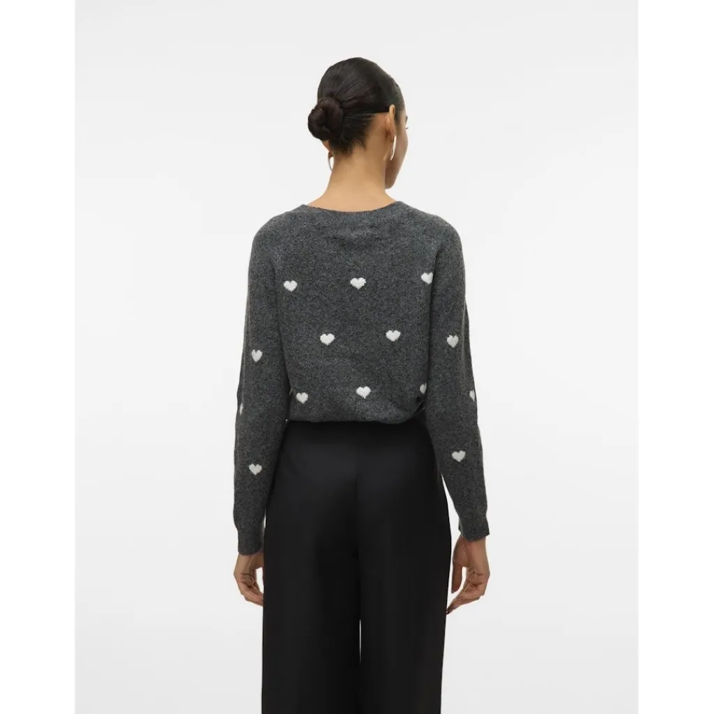 Vero Moda DAME STRIKTRØJE VMDOFFY - Dark Grey Melange White Hearts Hot