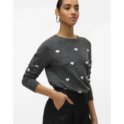 Vero Moda DAME STRIKTRØJE VMDOFFY - Dark Grey Melange White Hearts Hot
