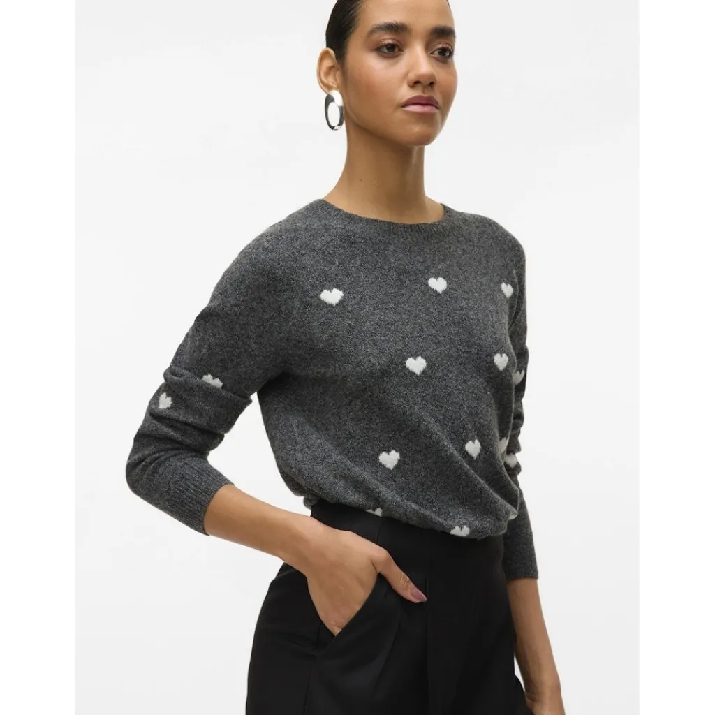 Vero Moda DAME STRIKTRØJE VMDOFFY - Dark Grey Melange White Hearts Hot