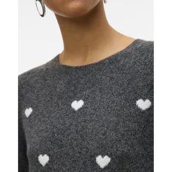 Vero Moda DAME STRIKTRØJE VMDOFFY - Dark Grey Melange White Hearts Hot