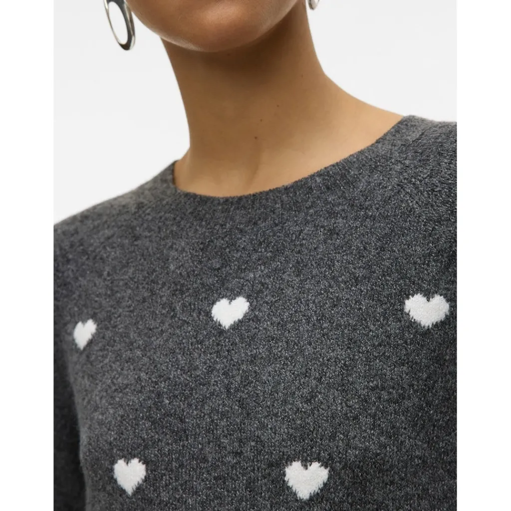 Vero Moda DAME STRIKTRØJE VMDOFFY - Dark Grey Melange White Hearts Hot
