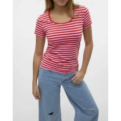 Vero Moda dame t-shirt VMLOTTE - Fiery Red Stripes BONBON Best